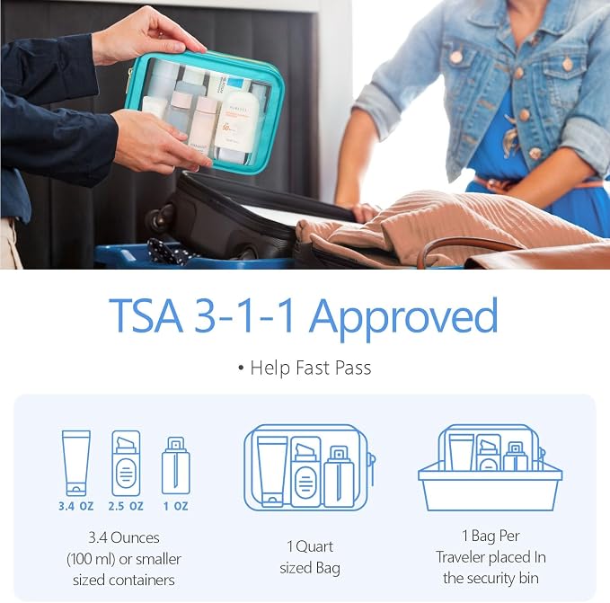 Clear Makeup Bag - TSA Approved Toiletry Bag for Carry-on & Checked Luggage, Water Resistant Car Storage Organizer with Reinforced Seams