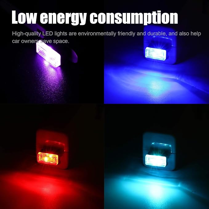 4 PCS USB LED Car Interior Atmosphere Lamp, Portable Mini LED Night Light, Plug-in USB Interface Trunk Ambient Lighting Kit, Universal Interior Accessories (Blue+Red+Ice Blue+Purple)