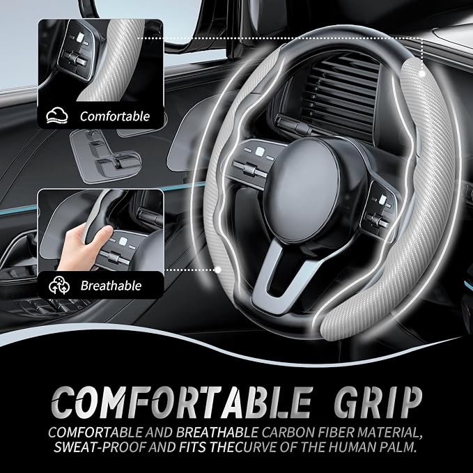 2pcs Car Steering Wheel Cover,Anti-Skid Carbon Fiber Steering Wheel Protector for Men Women,Multiple Color Options,Universal for Most Car Interiors Accessories (Grey)