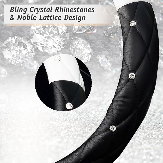 Diamond Soft Leather Steering Wheel Cover with Bling Bling Crystal Rhinestones, Universal 15 inch, Black White