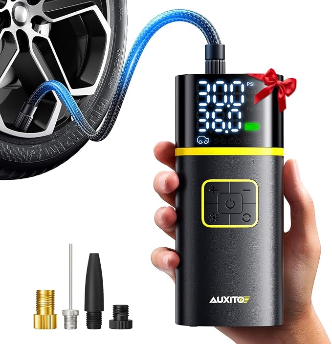 Tire Inflator Portable Air Compressor - 150PSI Bike Pump 1Min Fast Inflate with Tire Pressure Gauge, 5200 mAh, LED Light, Car Accessories Air Pump for Auto, Moto, Bike Car Gifts for Men