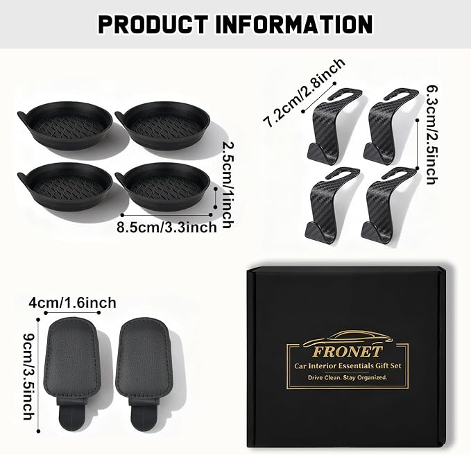 Car Essentials for New Drivers, 10PCS Car Accessories Gift Set Everyday Organizer Kit with Cup Holder Coasters, Sunglass Visor Clips, Headrest Hooks for First Time Teen Driver