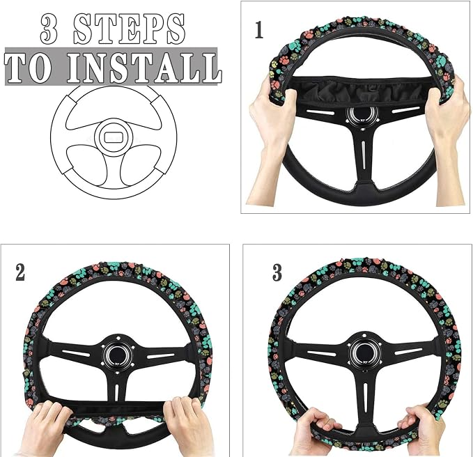 Puppy Paws Print Steering Wheel Protection Stretch-on Fabric Machine Washable Women Men Neoprene Automotive Steering Wheel Covers Sweat Absorption Comfort Grip for Driver Black Colorful