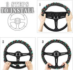 Puppy Paws Print Steering Wheel Protection Stretch-on Fabric Machine Washable Women Men Neoprene Automotive Steering Wheel Covers Sweat Absorption Comfort Grip for Driver Black Colorful