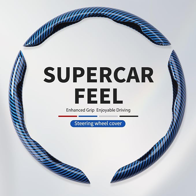 Universal Steering Wheel Cover,Carbon Fiber,3pcs Set(blue) | Clip-On Segmented Fit;Carbon Fiber Look;Fits Most 14-16 in Round or D-Shaped Wheels;Easy Wipe Clean;Non Slip;4 Colors
