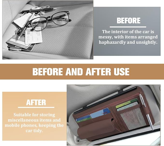 Car Sun Visor Organizer with Zipper Pocket, Multi-Pocket Vehicle Visor Storage Pouch with Card Sleeve, Eyeglasses Holder Box, Auto Interior Sunvisor Organizer Pocket, Universal Fit (Brown)