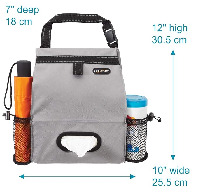 Car Organizer with Car Trash Bin and Tissue Holder - Holds Full Size Tissue Box, Bottles and Wipe Containers - 2 Gal Leakproof Covered Trash Can with Push-Close Lid