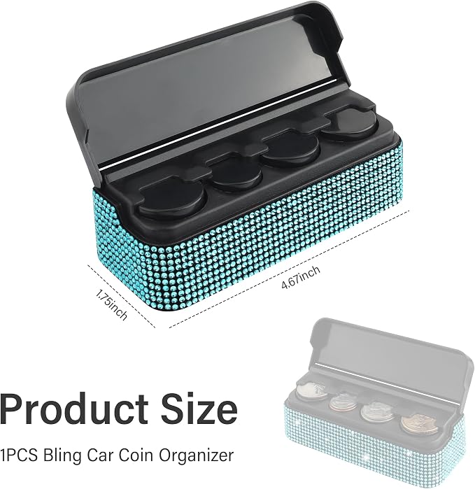 carleef Bling Coin Holder for Car,4 Compartment Car Organizers and Storage with Rhinestones Compatible with Quarter/Nickel/Pennies/Dimes,Universal Coin Organizer for Car SUV Truck (Blue)