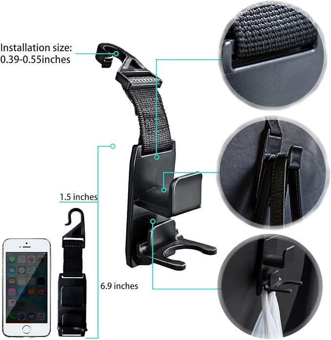 Magic Headrest Hooks for Car, Purse Hanger Headrest Hook Holder for Car Seat Organizer Behind Over the Seat Car Hooks-Hang Purse or Grocery Bags,Black,4Pack