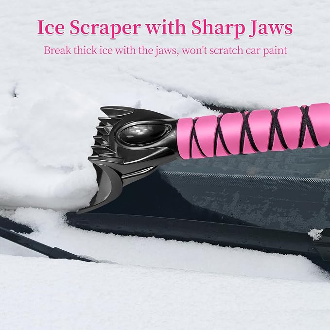 51 Inch Snow Brush for Trucks, Extendable Long Handle Ice Scraper with Brush with Foam Grip, SUV Heavy Duty Snow Brush with Ice Scraper for Car Auto RV Vehicle Windshield Window - Pink
