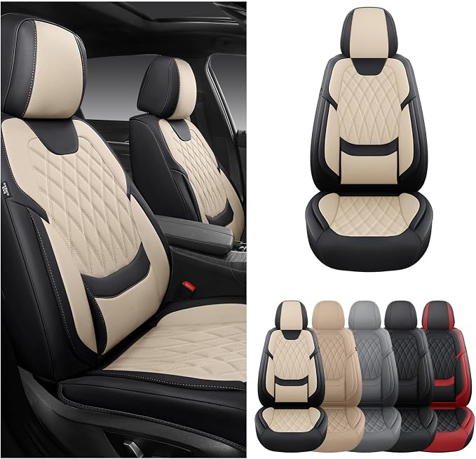 Front Car Seat Covers - Luxury Breathable Waterproof Faux Leather Car Seat Cushion Protectors with Lumbar Support, Universal Fit for Most 5 Seats Vehicles Sedans Hatchbacks Trucks, Black Beige
