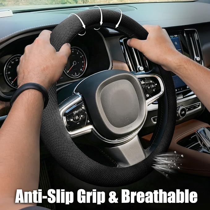 15 Inch Black Steering Wheel Cover for Cooling, Microfiber Ice Silk Non-Slip Breathable Cooling Steering Wheel Protector with Upgraded Silicone Inner Ring Warm in Winter Cool in Summer