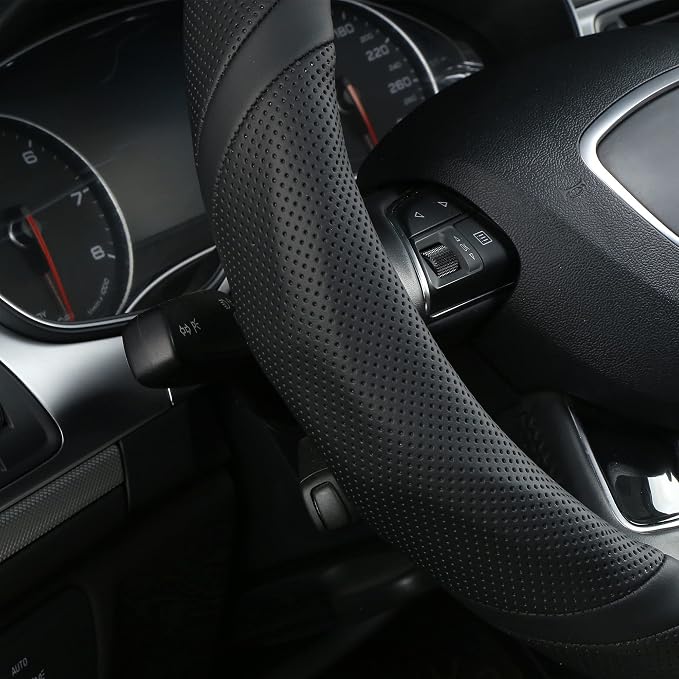 Black Leather Steering Wheel Cover Universal 15 inch