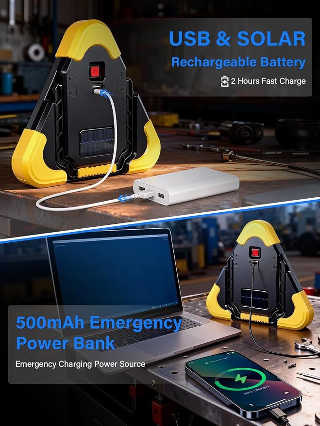USB Rechargeable LED Road Safety Triangles, 4-in-1 Standard Warning Triangles Emergency Reflector with 30 High Visibility LED, Power Bank, Flashlight, SOS, Emergency Triangles for Vehicles