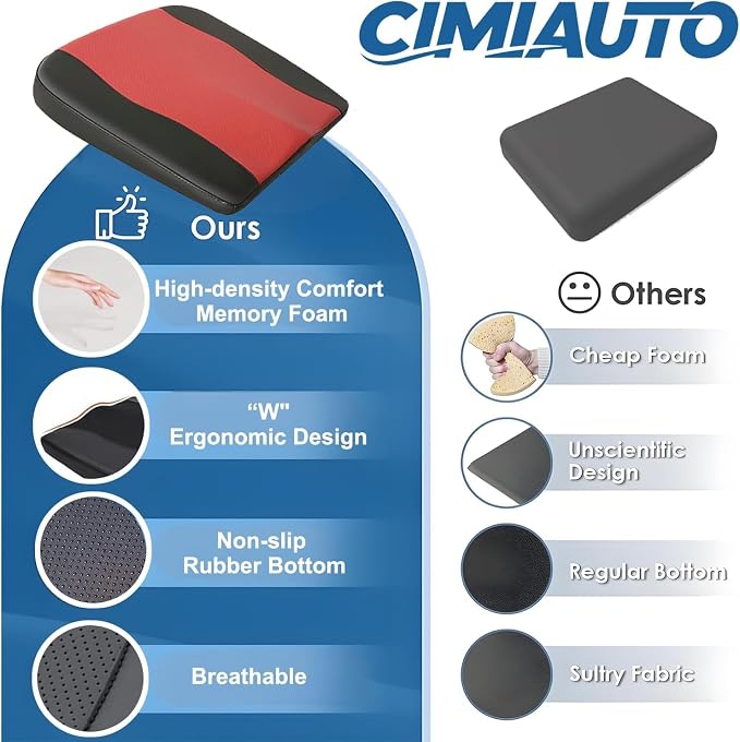 Comfort Memory Foam Car Seat Cushions For Driving,Red Booster Cushion Pad | Ergonomic Height Cushion, Sciatica & Lower Back Pain Relief Pillow, Comfort Seat Pad for Car Office Wheelchair Short People