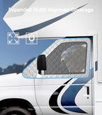 RV Windshield Cover for Chevy Express/GMC Savana 2001-2026, Class C Motorhome RV Front Window Sunshade Cover, for UV Protection & Privacy Shield, White with Mirror Cutouts