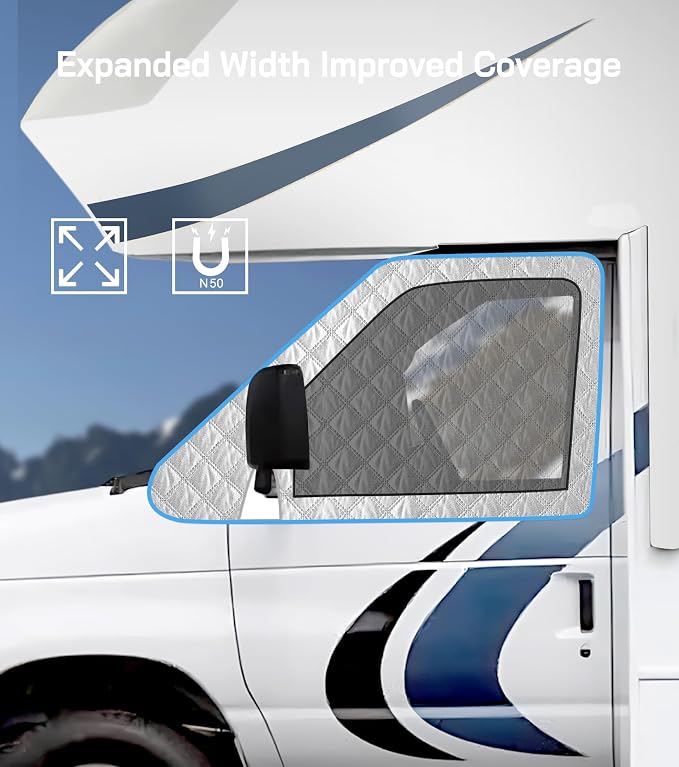 RV Windshield Cover for Chevy Express/GMC Savana 2001-2026, Class C Motorhome RV Front Window Sunshade Cover, for UV Protection & Privacy Shield, White with Mirror Cutouts