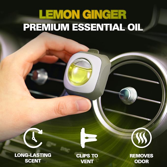 Lemon Ginger Scent Car Air Freshener Vent Clip 6 Ct | Long Lasting Up To 180 Days Car Refresher, Auto Interior Odor Eliminator Fragrance Oil Perfume Accessory, 4ml Each