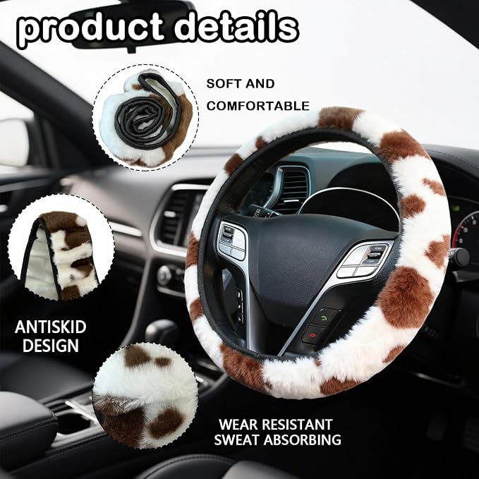 Brown Cow Fuzzy Steering Wheel Cover for Women, Universal Auto Steering Wheel 14-15 Inch Soft Warm Car Interior Accessories with 2PCS Car Coasters, Suitable for Men and Women