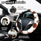 Brown Cow Fuzzy Steering Wheel Cover for Women, Universal Auto Steering Wheel 14-15 Inch Soft Warm Car Interior Accessories with 2PCS Car Coasters, Suitable for Men and Women