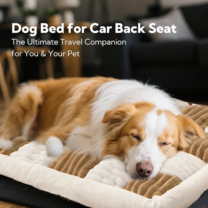 Dog Bed for Car Back Seat Soft Plush Backseat Pet Bed Mat Non-Slip Travel Pet Mat, Fuzzy Plaid Dog Seat Cover, Fit for Backseat Extenders and Trucks SUVs (Brown and White, 54" x 24.8")