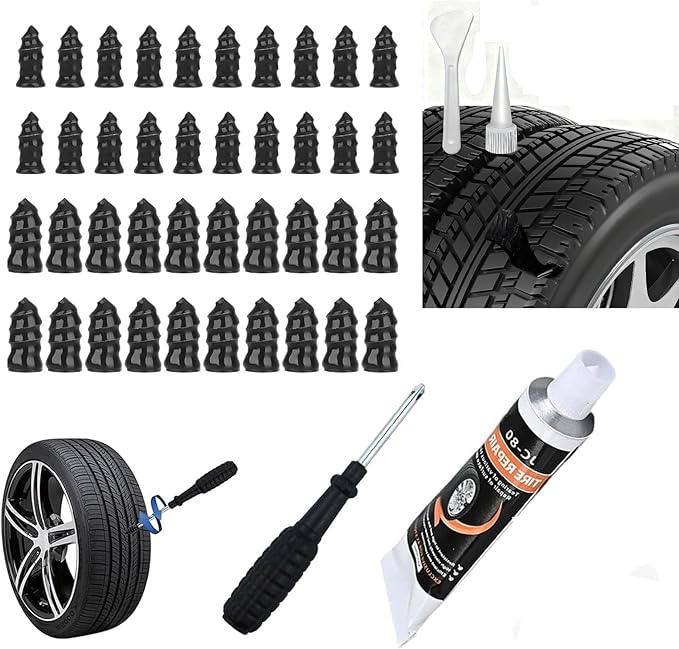 Tire Repair Kit with Tire Plugs Screw Type, Tire Glue,Tire Plug Kit,Heavy-Duty Burst-Proof tire Puncture Repair Set, Quick Patch, Suitable for Car, Truck, Motorcycle, SUV, ATV, Tractor