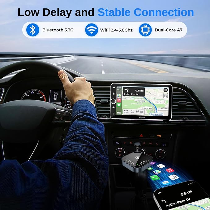 Wireless CarPlay Adapter for Apple iPhone-No Latency, Plug&Play, Stable Connection for Cars with Built-in Wired Apple CarPlay, Plug and Play CarPlay Wireless Adapter for iPhone 6~17, Fit for 800+ Cars