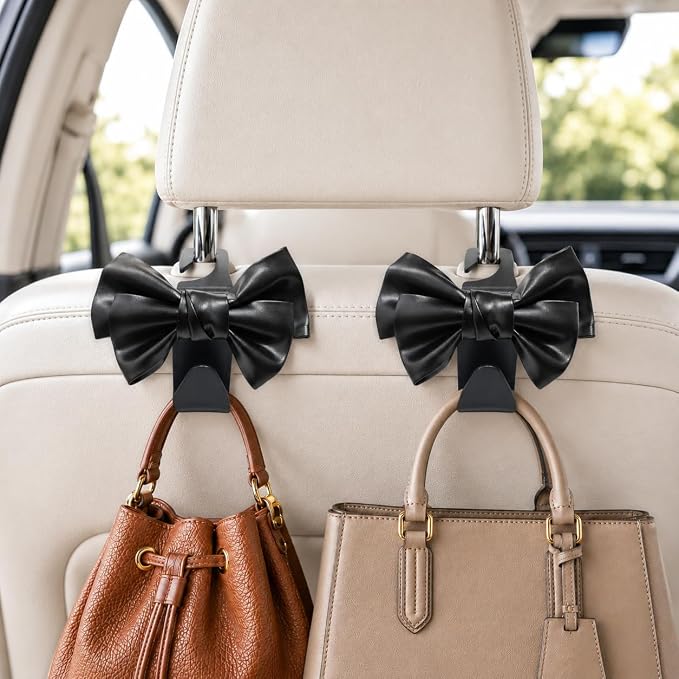2 Pack Car Purse Holder for Handbags and Bags, Headrest Back Seat Hooks for Cars, Car Bag Hanger for Groceries, Coats, Umbrellas and Daily Essentials, Bow-Shaped Car Interior Organizer (black)