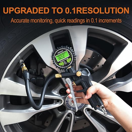 Digital Tire Pressure Gauge with Inflator, 250 PSI Air Chuck with Pressure Gauge and Air Compressor Tire Inflator Attachment Include Quick Connect Coupler, 0.1 Display Resolution
