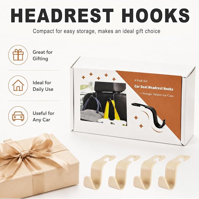 Car Seat Hooks for Headrest 4 Pack, Car Seat Back Storage Hook, Universal Vehicle Headrest Hanger for Purse, Handbag, Coat, Umbrella, Grocery Bags, Practical Interior Accessories