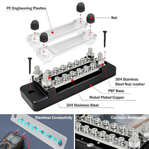 150A Double-Row Busbar Power Distribution Block 12V Bus Bar with Ring Terminals, 304 Stainless Steel Marine Terminal Block and Ground Buss Bar Kit, 4 x M6 Stud, 12 x M4 Screw