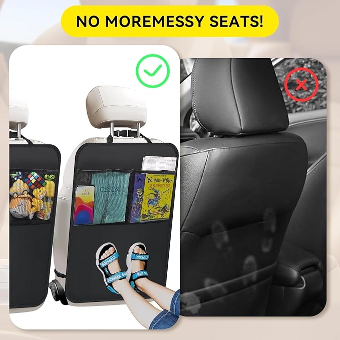 Large Car Seat Back Protectors 2 Pack, 2-Layer Kick Mats with 3 Pockets, Backseat Organizer and Seat Protector for Kids, Scuff Guard for Cars SUVs Trucks, Black