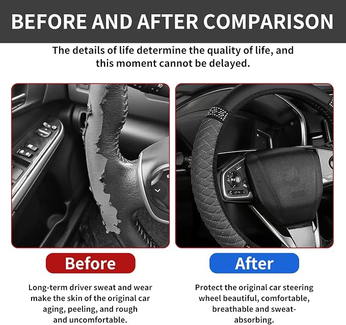 Bling Car Steering Wheel Cover, 15 Inch Rhinestones Soft Leather Elastic Steering Wheel Protector, Sparkly Crystal Diamond for Women, Car Interior Accessories for Most Cars (Grey)