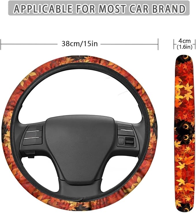 Maple Leaf Car Steering Wheel Cover Sweat Absorption Safe Driving | Fall Decor, Universal 14-15 inch Stretch-on Fabric, Keep Safe Steering Wheel Protector for Women
