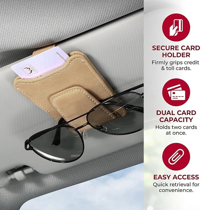 Sunglass Holder for Car Visor, Magnetic Leather Vehicle Eyeglass Hanger Holder, Automotive Interior Sun Visor Glasses Ticket Card Organizer Clip, Universal for SUV RV Lorry (Beige)