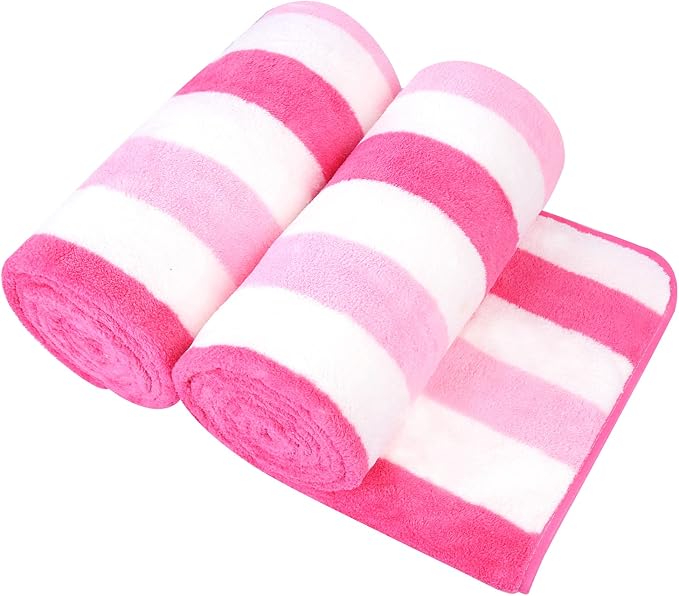 Microfiber Bath Towels,2 Pack(30" x 60"), Oversized, Soft, Super Absorbent, Fast Drying, Large Beach Towel Set for Sauna, Salon, Sports, Fitness, Yoga, Cabana Stripe Pink