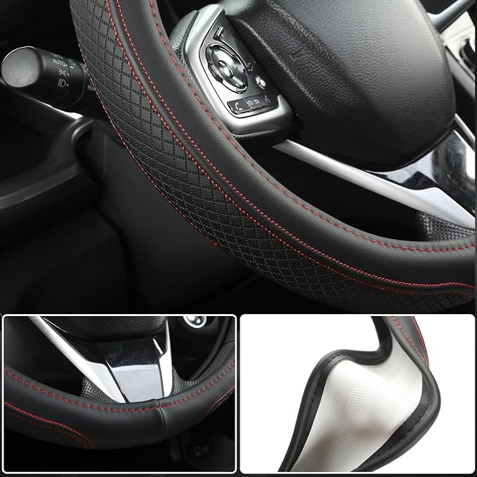 Customized Auto Car Steering Wheel Cover for Honda Accord Civic CR-V HR-V Pilot Fit Passport Odyssey 14.5-15inch(Black+Red Line-Standard Size)