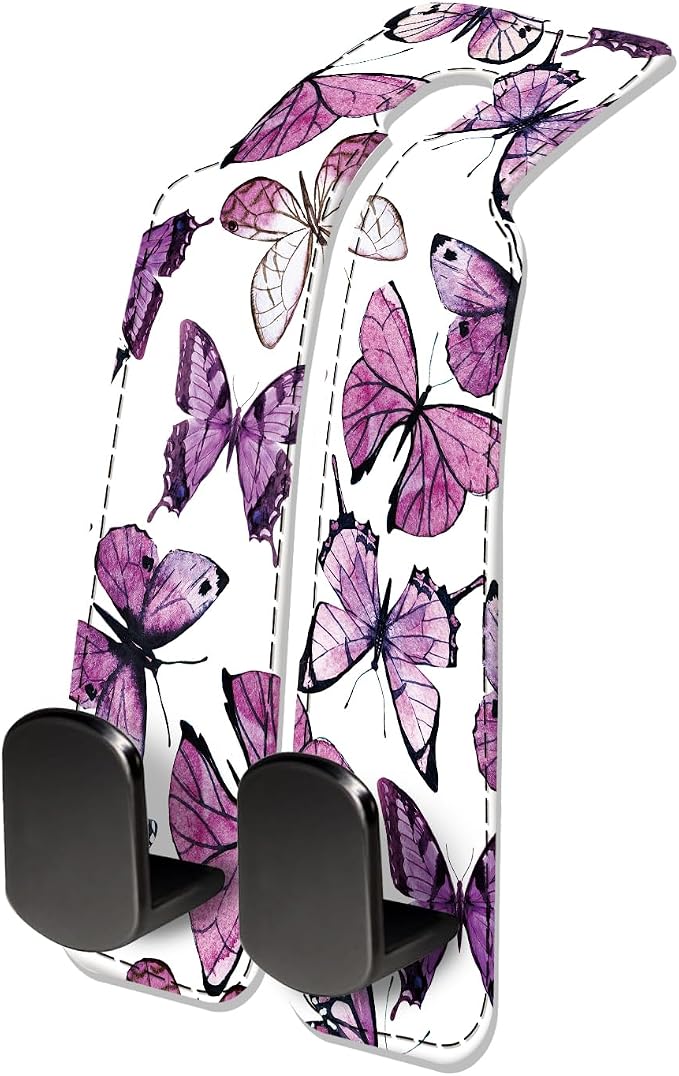 Car Seat Headrest Hook, Universal Leather Cute Hanger Holder Hook, Storage Organizer Interior Accessories for Purse Bags Handbag Luxury Purple Butterfly