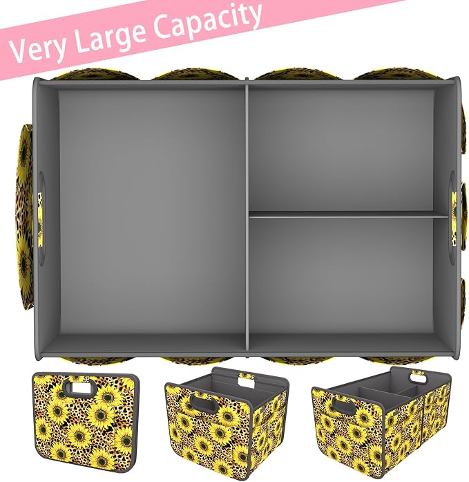 Car Trunk Organizer for SUV, 18.5Gal Large Capacity No-Sag Heavy Duty, Foldable Waterproof Anti-Slip Storage with 12 Pockets, Fit Sedan, Truck, Universal Car Accessories,Sunflower Leopard Print