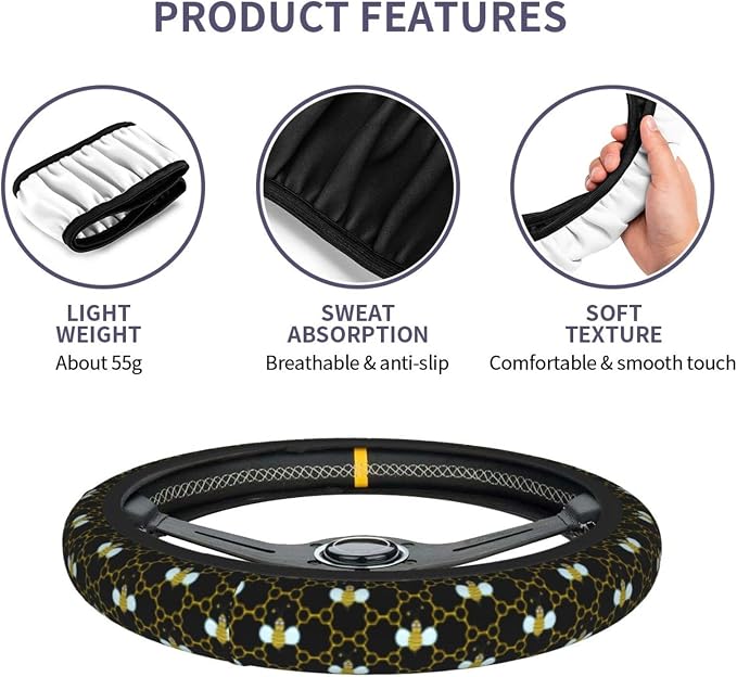 Bee Bee Keeper Cute Mini Yellow Honey Steering Wheel Cover Car Accessories Cute for Women Girls Girly Universal 15 Inch Neoprene Auto Interior Decor Anti Slip Car Truck Protector