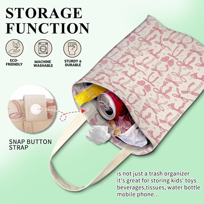 Car Trash Can, Cute Car Trash Bag, Hanging Car Organizer and Storage Bag, Trash Bin for Car Accessories, Vehicle, Travelling, Camping Cute Pink Bow