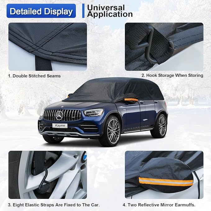 Half Car Cover, Windshield Cover for Ice and Snow Top with Reflective Straps, Roof Cover Waterproof All Weather Dust, Sun Protection. Front Rear Window Cover Fit SUV. YL (143''-157'')