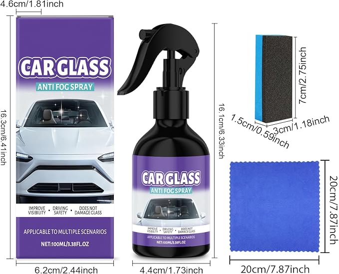 Glass Anti Fog Spray for Car Windshield, with Fast Defogging Formula, 100ml, Glass Cleaner Spray, Truck Interior Cleaner, Long-Lasting Protection,for Window Goggles Mirror Windshield Automotive