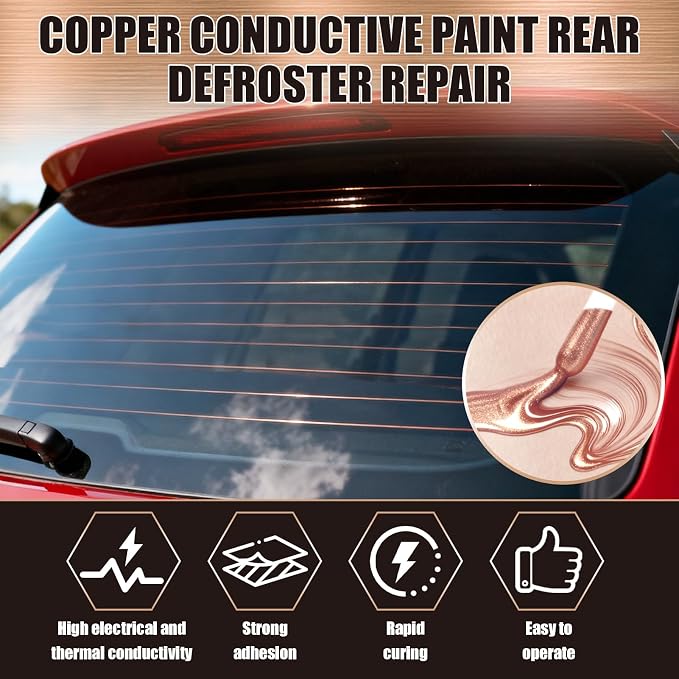 Rear Defroster Repair Kit, Copper Conductive Paint for Repairing Rear Window Defroster Screens with Brush Wipes Masking Paper Strong Adhesion and Fast Repair Performance, 10 Ml