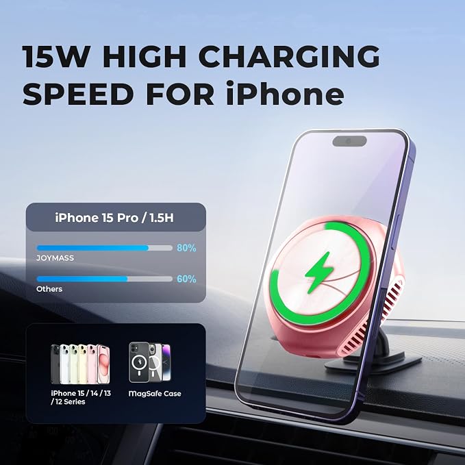 for MagSafe Car Mount Charger, 15W Fast Charging Magnetic Wireless Car Charger Phone Holder Mount Fits iPhone 15 Pro Max Plus 14 13 12 Mini MagSafe Case - Pink
