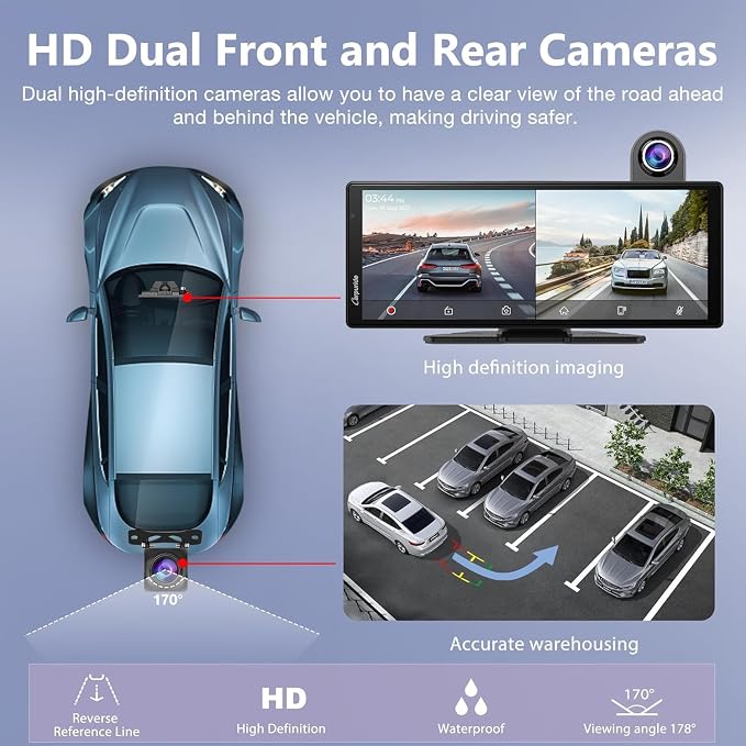 Carpuride W904 Wireless Carplay & Android Auto with Dash Cam | 10.26" HD IPS Touch Car Play Screen for Car, 4K Front & 1080P Rear Camera, Loop Recording, Bluetooth Audio, Mirror Link, GPS