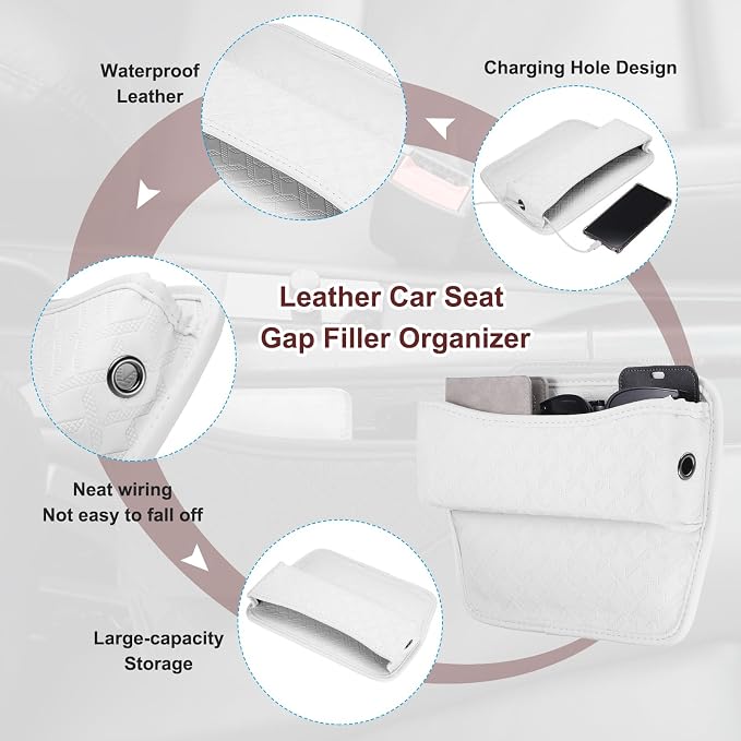 2pcs Car Seat Gap Filler Organizer 11.5 x 8 x 2.1 Inch Leather Universal Car Organizer Storage Box Between Seat and Console for Phone Sunglasses Keys, White