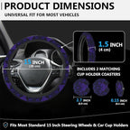 Gothic Purple Damask Floral Steering Wheel Cover for Women, Anti-Slip Car Steering Wheel Cover with 2 Pcs Cup Holders Neoprene Breathable Car Accessories Universal 15 Inch Auto Interior Decor