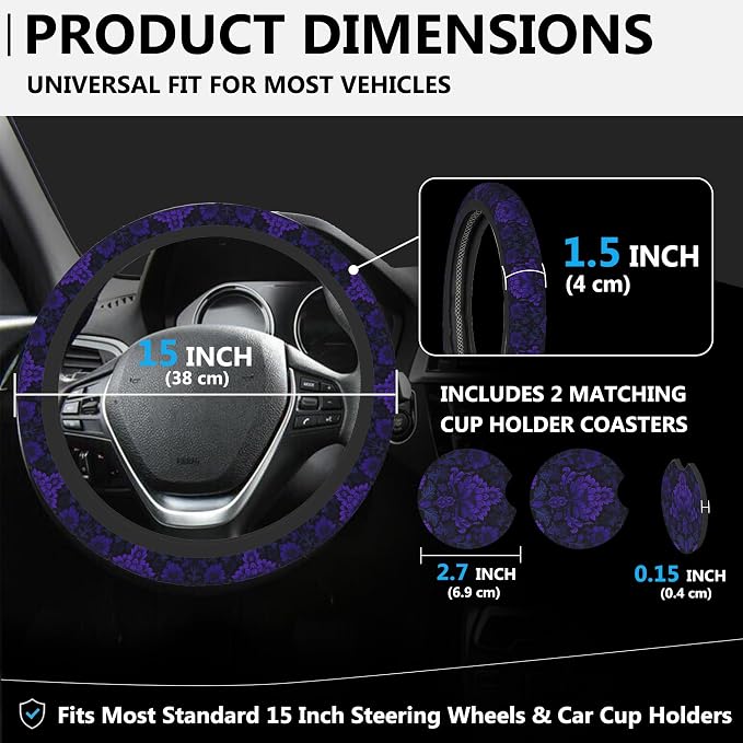 Gothic Purple Damask Floral Steering Wheel Cover for Women, Anti-Slip Car Steering Wheel Cover with 2 Pcs Cup Holders Neoprene Breathable Car Accessories Universal 15 Inch Auto Interior Decor