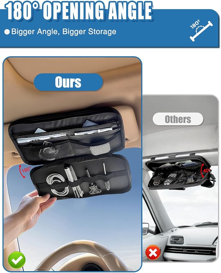 Molle Car Sun Visor Organizer - Tactical Storage Panel with 180° Zipper Pouch & Magnetic Glasses Clip & Photo Holder & Semi-Rigid Molle Panel for Military Gear (1, Black)
